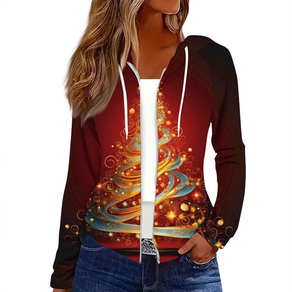 Women's Fashion Christmas Print Casual Zip-Up Long-Sleeve Hooded Jacket, for Outdoor Activities and Daily Use,Wine,XL