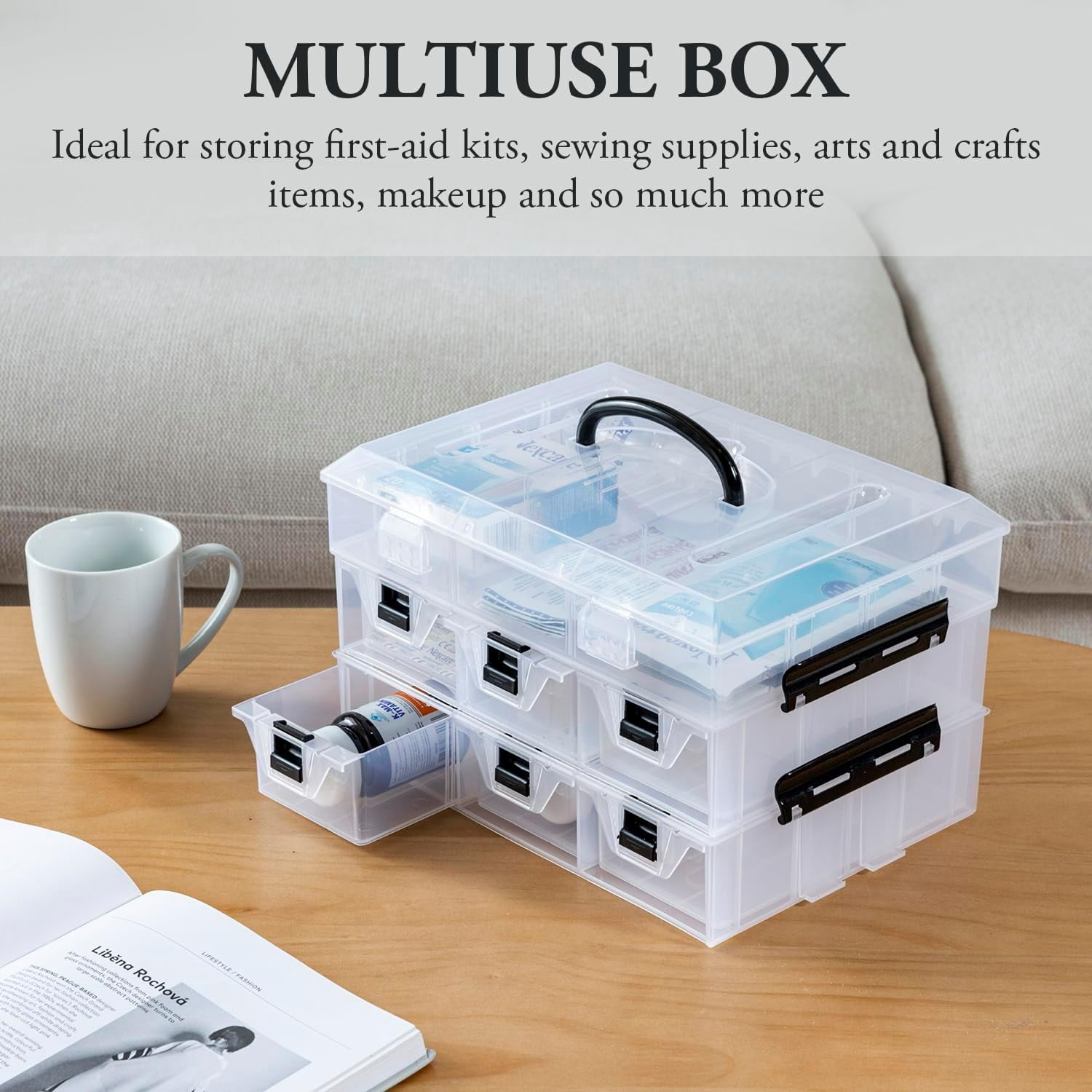 Clear Plastic Storage Box Container, Arts and Crafts Sewing Supplies Organizer Case with Black Accents, 24 Customizable Compartments, and 6 Drawers with Removable Dividers