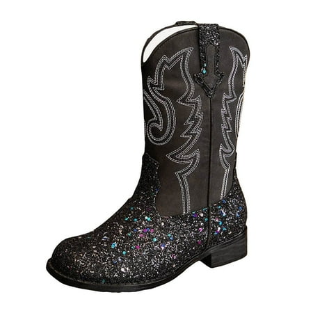 

Sopelem Girls Boots Unisex-Child Mid Calf Glitter Cowgirl Booties Toddler Girl Cowboy Boot Little Big Kids Western Riding Dance Shoes-Black