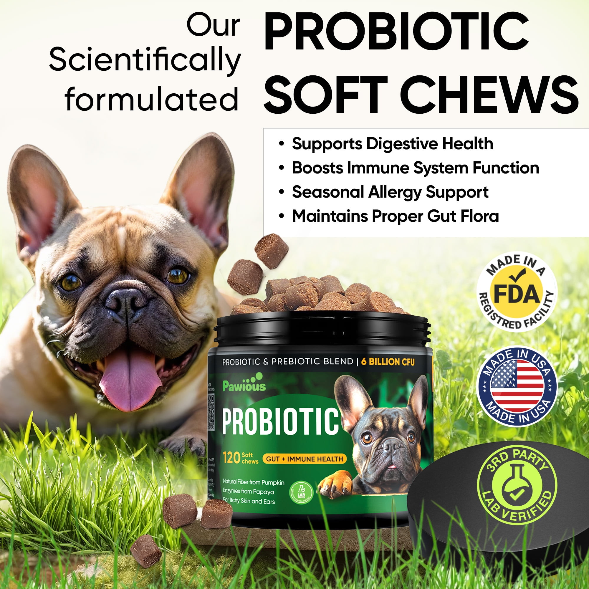 Pawious Probiotics for Dogs - 120 ct. - Diarrhea, Itchy Skin and Allergies Support - Delicious Probiotic Chews for Dogs