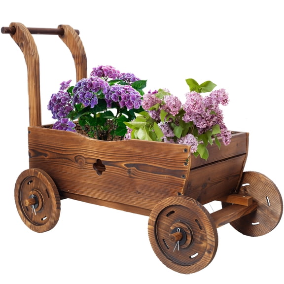 Rustic Wooden Wagon Planter Box - Mobile Garden Cart with Wheels & Handle, Weather-Resistant Carbonized Wood Design for Patio/Balcony