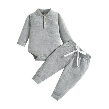 

Gureui Kids Baby Boys Long Sleeve Romper + Trousers Elasticated Waist Button Detail Loose Casual 2Pcs Spring Clothes Set