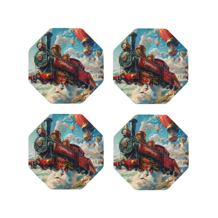 

Matuu Beautiful Red Train Hot Air Balloon for Cup Coasters Set of 4 Leather Coasters Desk Coasters for Office Measures 4” x 4”-Octagon