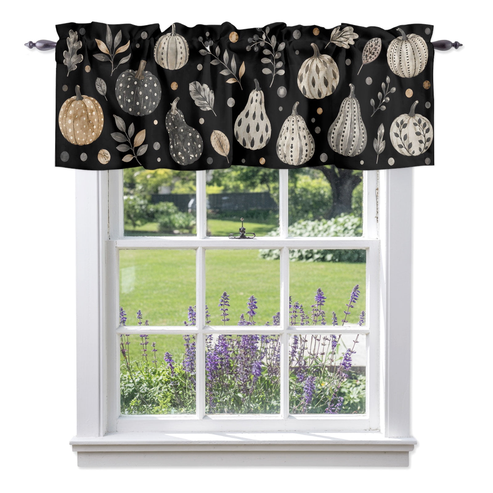 Neutral Pumpkins Valances for Windows Rustic Fall Polka Dot Gourd Leaf Black Rod Pocket Light Filtering Short Window Treatments Curtains for Kitchen Bathroom Bedroom, 1 Panel, 42 x 18 Inch