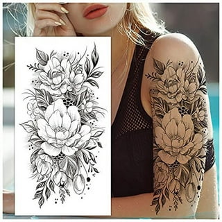 Briyhose 10 Sheet Realistic Floral Dragon Tattoo Temporary Thigh Tattoos  For Women Adults, Large 3D Color Black Flower Rose Dragon Sleeve Fake Arm
