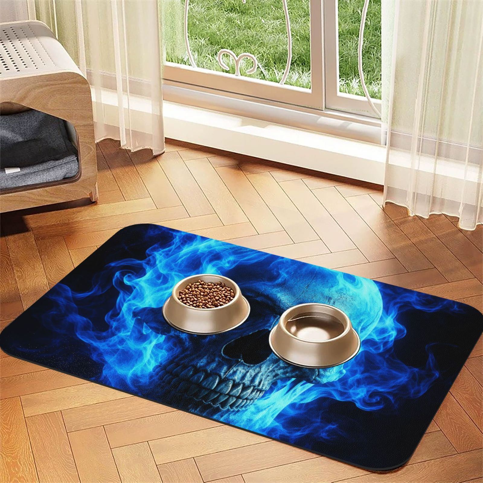 Cool Blue Inferno Skull Ghost Fire Absorbent PU Leather Pet Feeding Placemat Non-Slip Dog Cat Bowl Mat for Food Water 40x60cm