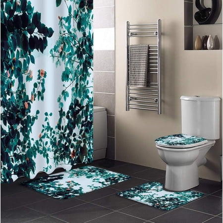 ZHANZZK Flower 4 Piece Bathroom Set Shower Curtain Bath Rug Contour Mat and Toilet Lid Cover