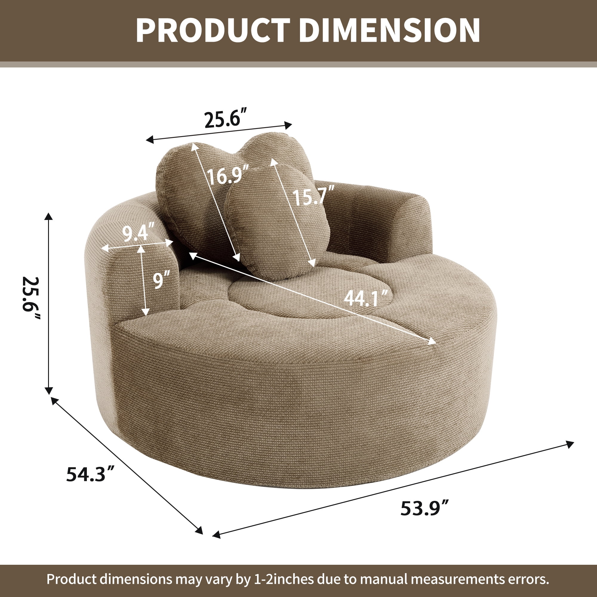 Leumius Oversized Round Chair Lounge Chaise Indoor,Upholstered Round Sofa Bed with Memory Foam,Comfy Cloud Circle Chair with Deep Seat for Living Room Bedroom,No Assembly Required,Brown