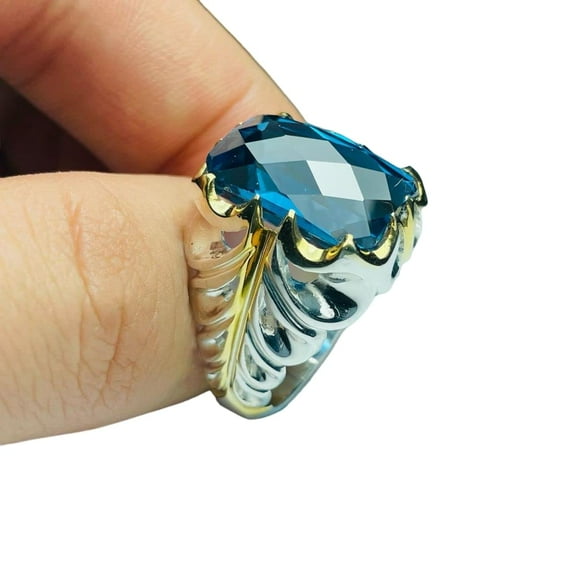 Blue Topaz Zircon Mans Ring, Checker Blue Zircon Gemstone Ring, Micron Plated Jewelry, 925 Silver Ring, Designer Ring, Arabic Ring, Ottoman Turkish Ring, Christmas, Heavy Signet Ring