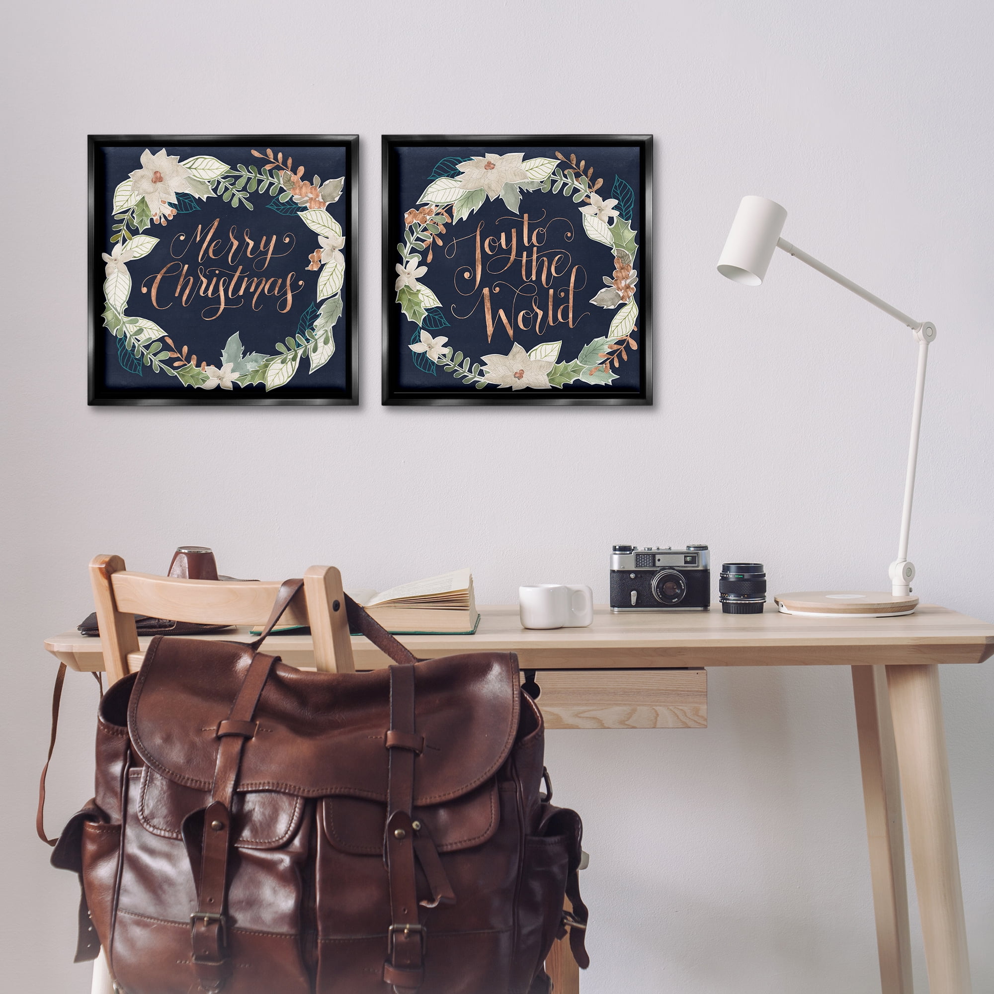 Stupell Industries Merry Christmas Joy Wreath Holiday Painting Black Floater Framed Canvas Art Prints Wall Art, 18 x 18, Set of 2