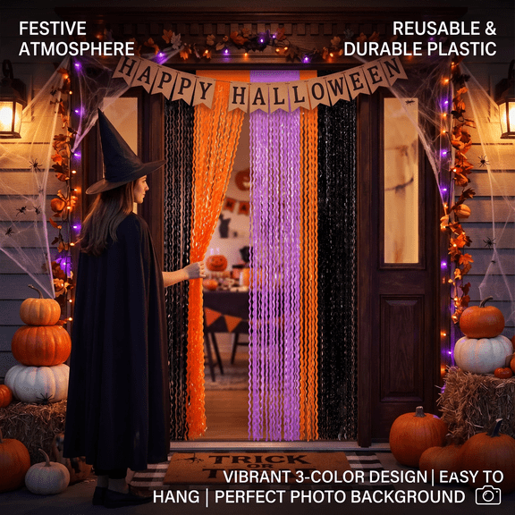 Yashow Elite Halloween Fringe Curtain, Black Purple Orange Wavy Foil Door Curtain, Plastic Rain Curtain, Spooky Party Decorations for Photo Booth Backdrop, Entryway, 39x78 inch