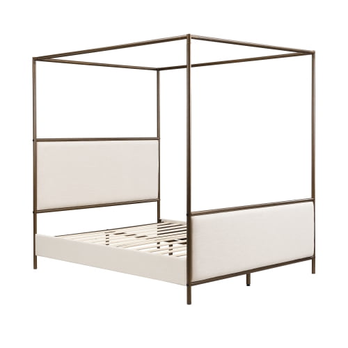 taoruifang Iron Queen Canopy Bed Upholstered Linen Four-Poster Beige Bronze