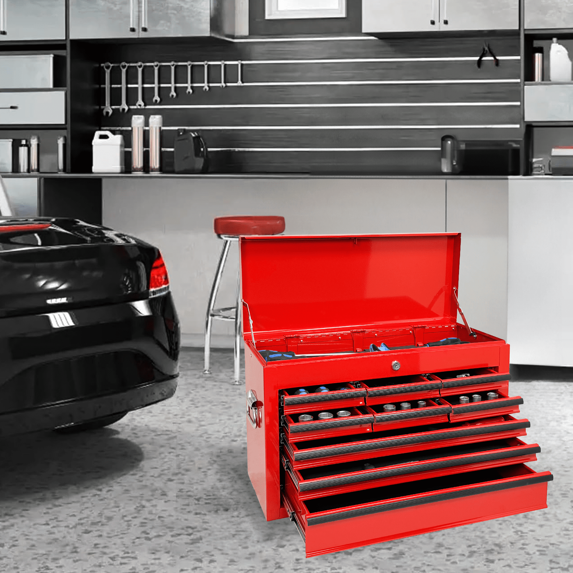 Heavy Duty Metal Tool Box,24 Inch Portable Tool Chest with 9 Drawers, Ball Bearing Slide Drawers with Auto-Locking System, Lockable Top Box Tool Organizer for Garage, Workshop, Truck,Red