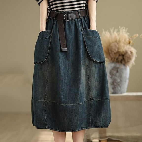 Jinhomg Womens Denim Skirt Casual Loose Below Knee Elastic High Waisted Midi Jean Skirts Plain Solid A-Line Skort with Pockets Fashion Summer Skirt Navy L