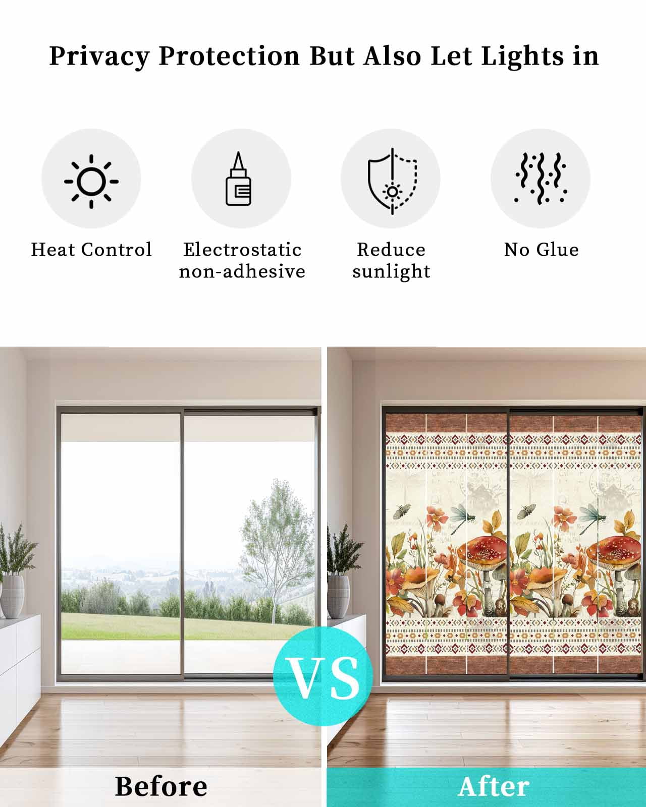 Window Privacy Film Botanical Mushrooms Stained Glass Window Film Decorative Sun Block Window Cover Retro Fall Wild Flowers Farmhouse Window Clings Static Adhesive Sticker for Bathroom 23.6"x59"