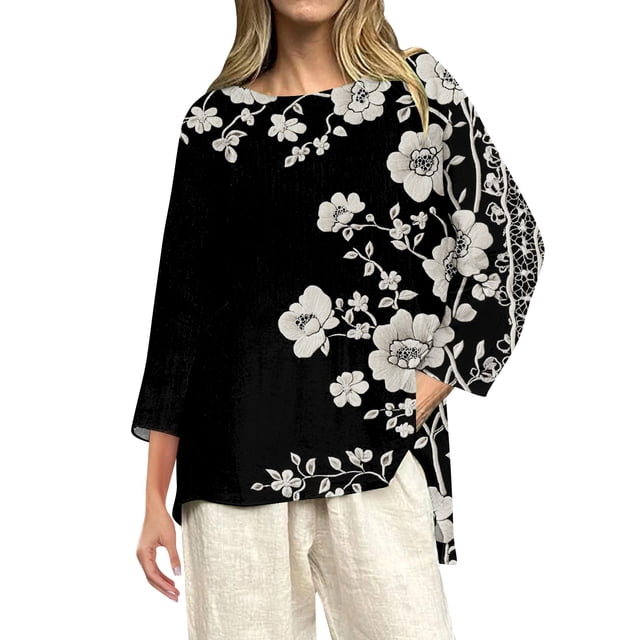WZXFASHION T-Shirts Décontractés à Manches 3/4 pour Femmes, Col Rond, Coton, jusqu'à 50 % de Réduction