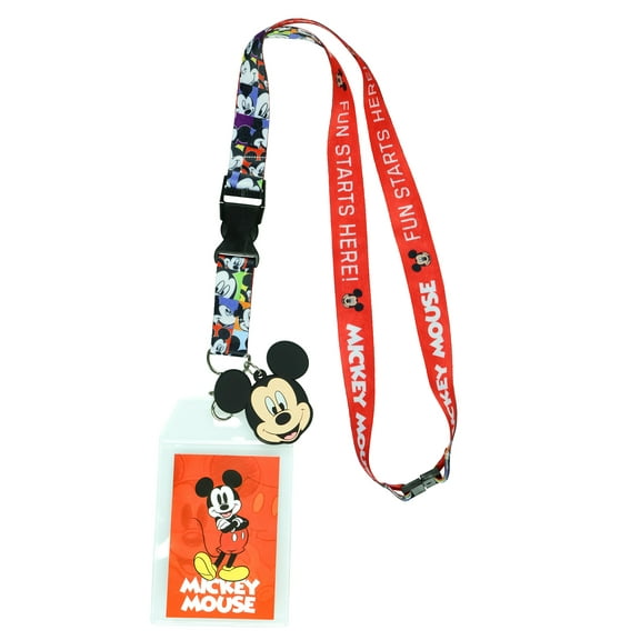 Disney Mickey Mouse Fun Starts Here Lanyard with ID Badge Holder and 2" Rubber Mickey Charm