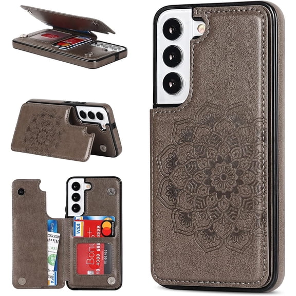 Case for Samsung Galaxy A22 5G, Luxury PU Leather Flip Case [Two Magnetic Clasp] [Card Slots] Stand Function Embossed Mandala Pattern Flower Durable Soft TPU Back Wallet Cover - Grey