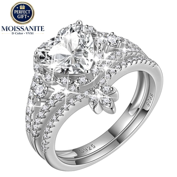 Beautlace Heart Engagement Moissanite Rings Set for Women,925 Sterling Silver 2 CT Promise Ring Wedding Band for Her,Love Heart Bridal Ring Set Birthday Valentines Jewelry Gifts for Girlfriend Wife
