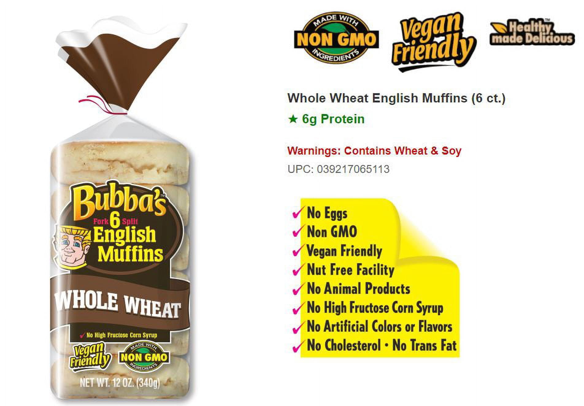 Bubba's Bakery 100% Whole Wheat English Muffins 12 ct, 30 oz