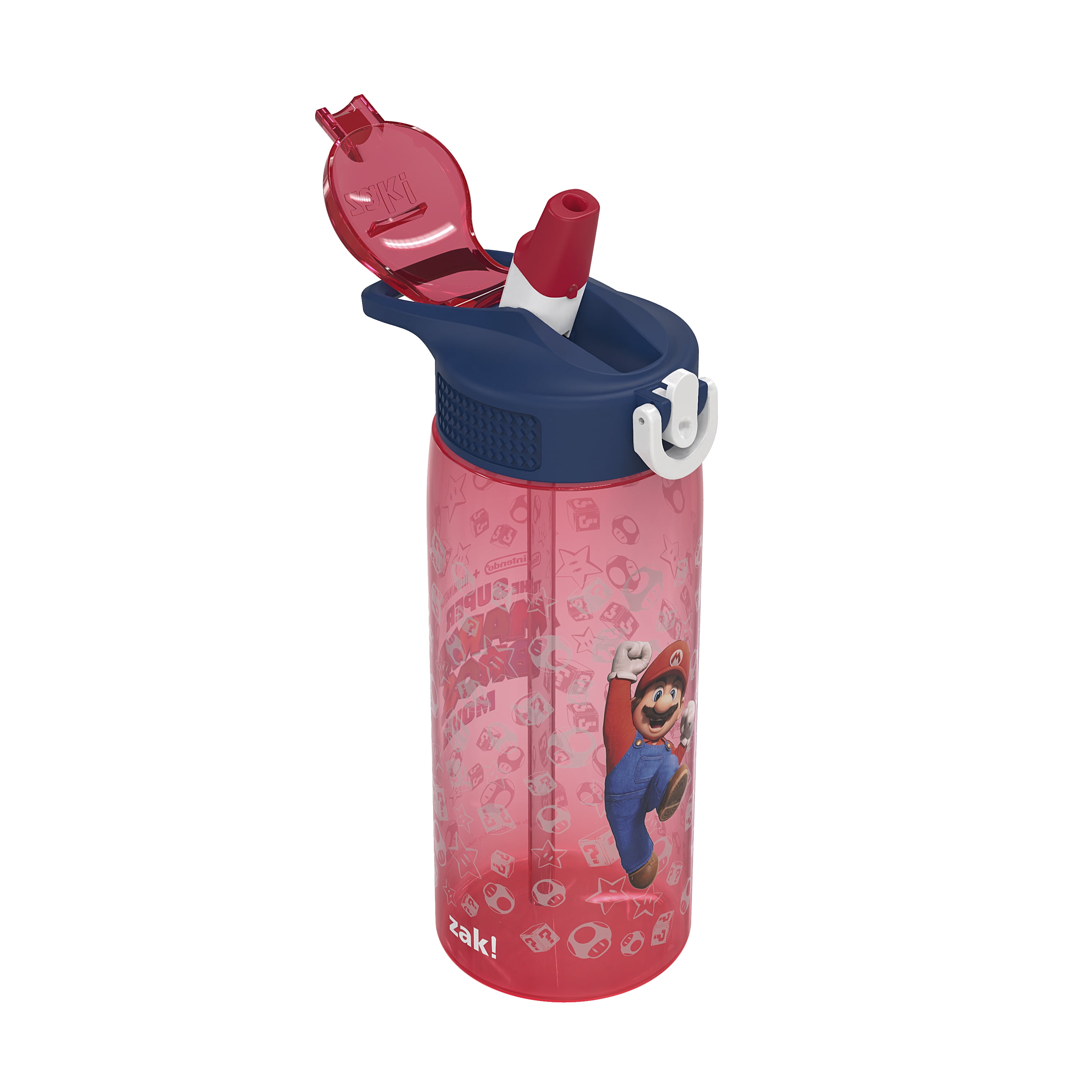 Zak Designs 25oz Mario Kids Straw Water Bottle, Durable Plastic Park Bottle with Easy-Open Locking Spout Cover for Travel, Built in Carry Handle