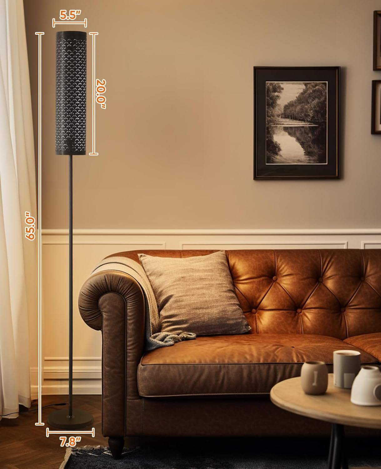 Industrial Modern Floor Lamps for Living Room, Dimmable Standing Tall Lamps Remote Control Custom Color Temperature & Brightness Lamp with Fabric Lampshade, Tall Lamps for Bedroom Office, Black