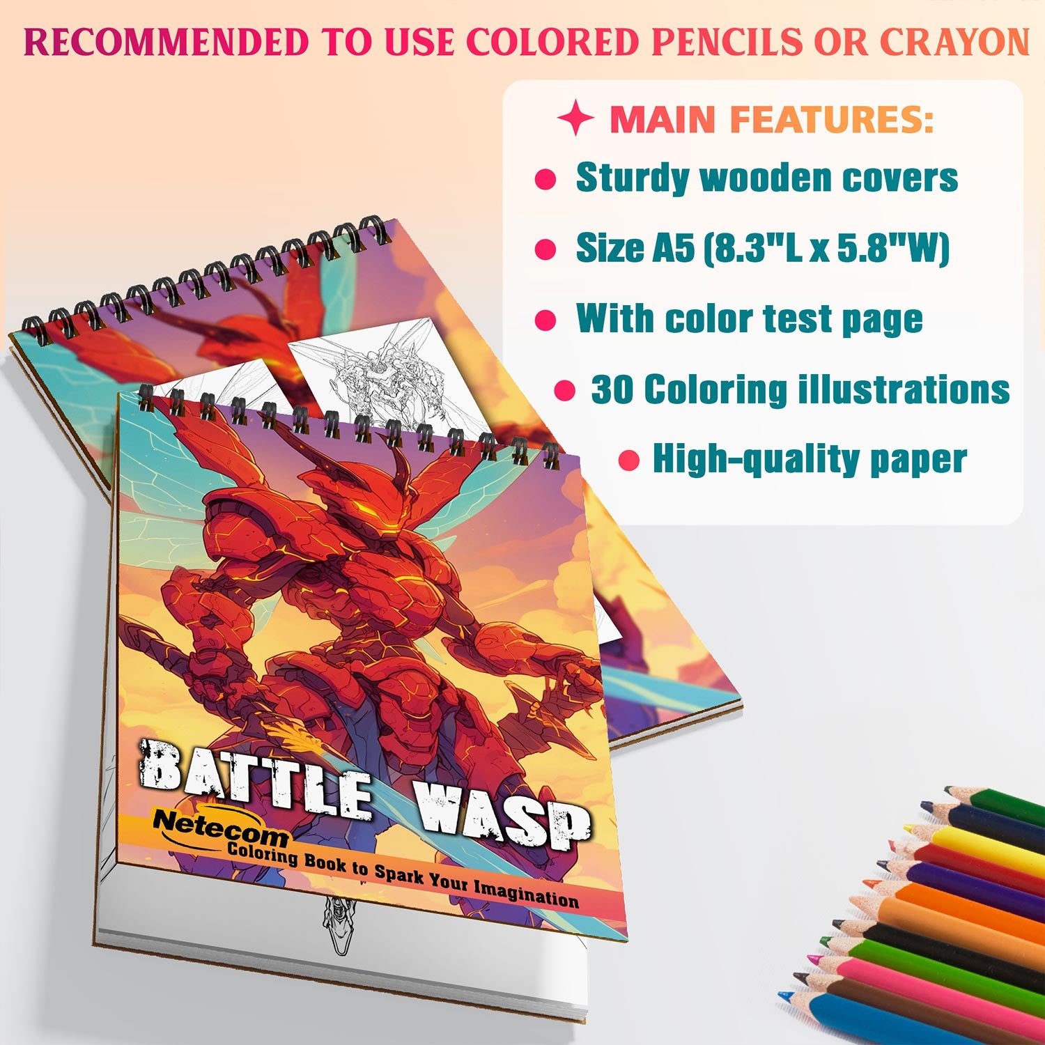 Netecom Battle Wasp Coloring Book for Adults, A5 Wooden Cover, Spiral Bound Edition, 30 Enchanting Coloring Pages of Mighty Wasp Warriors for Stress Relief and Relaxation