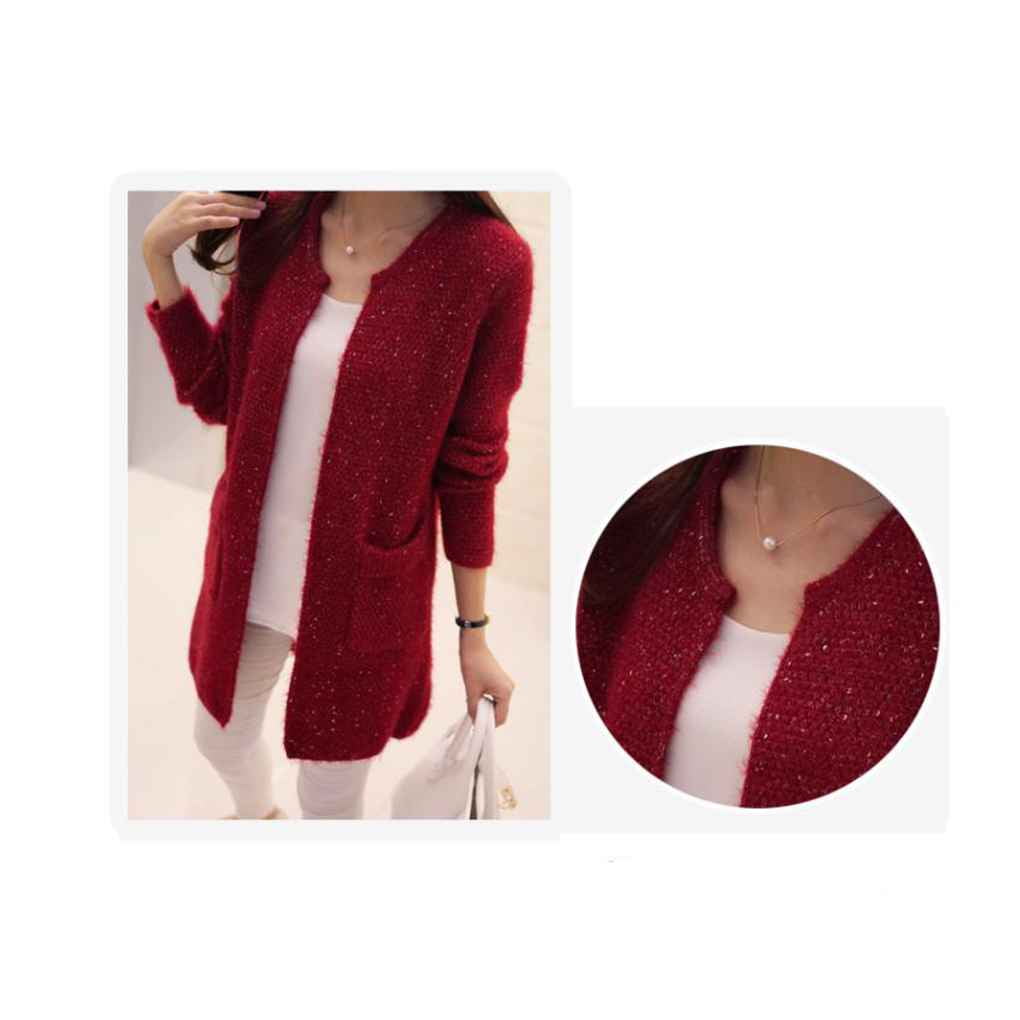 Women Spring/Autumn Mid Length Sweater Long Sleeve Cardigan Korean Slim  Pocket Loose Knit Sweater Coat