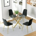 thumbnail image 3 of 36" Square Glass Dining Table Set, Modern Stainless Steel Cross-Leg Base with 4 Gold-Black Velvet Upholstered Dining Chairs, for Dining Rooms, Cafes, Apartments, 3 of 8
