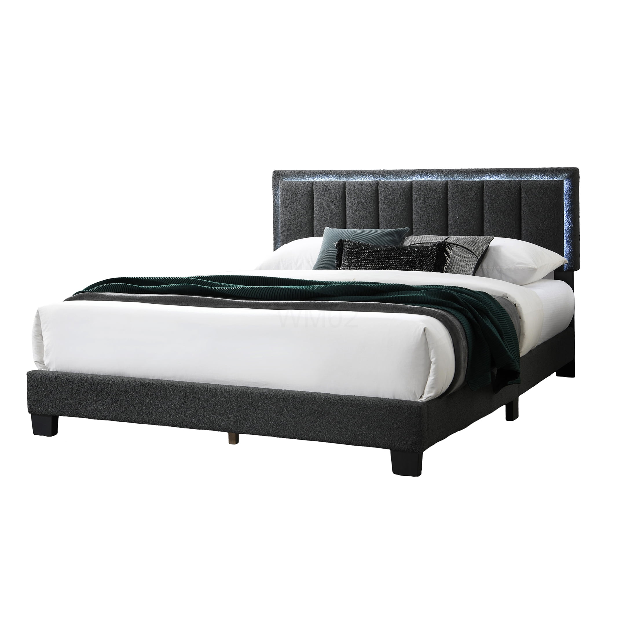 Queen Size Upholstered Bed Frame with LED Headboard, Channel Tufted Fabric Platform Bed, Modern Bedroom Furniture