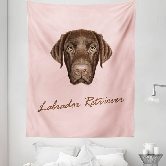 Labrador Tapestry, Modern Retriever Portrait with Grumpy Face Purebred House Pet Illustration, Fabric Wall Hanging Decor for Bedroom Living Room Dorm, 5 Sizes, Pale Pink Brown, by Ambesonne