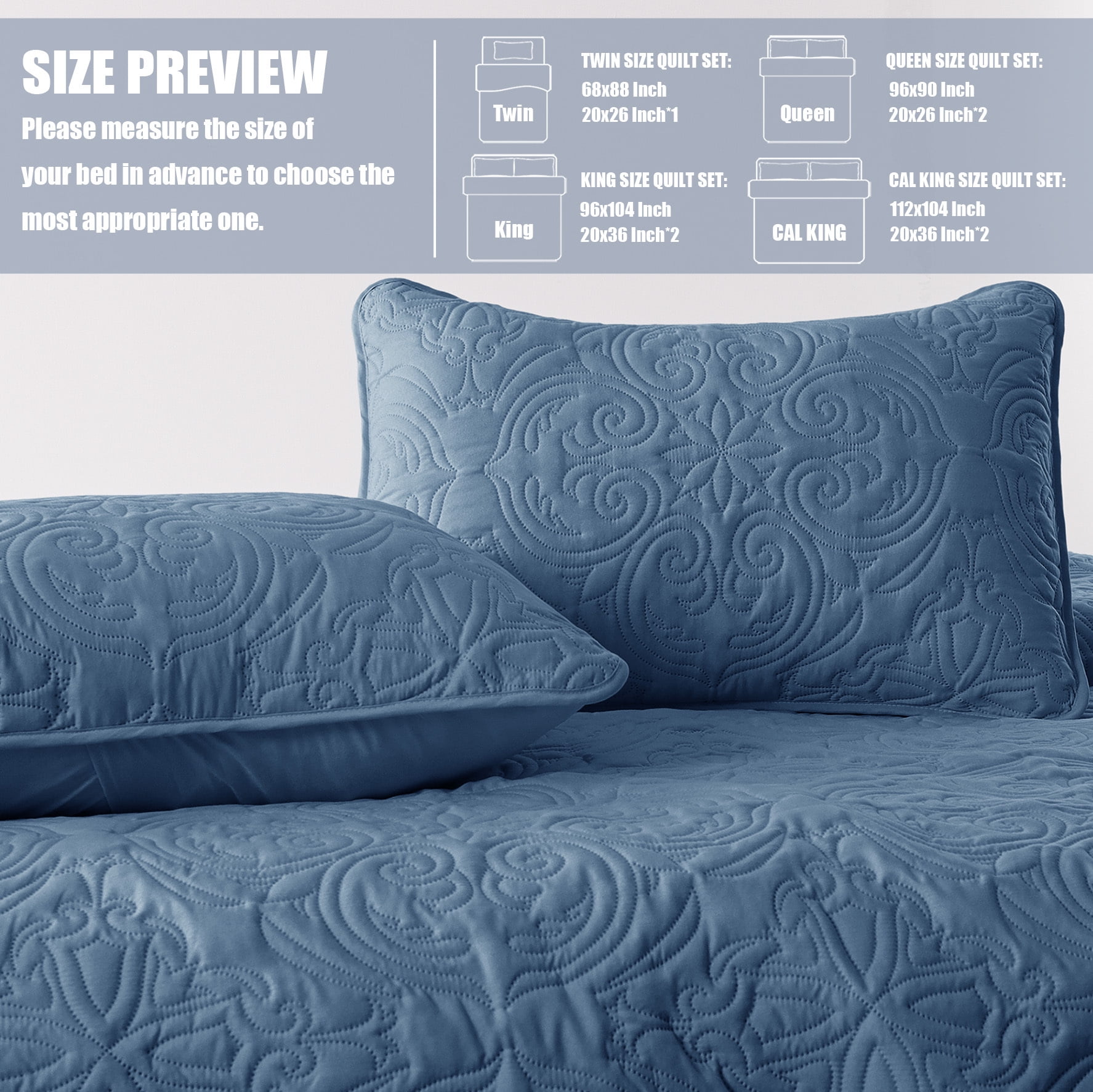 Exclusivo Mezcla King Quilt Bedding Set, Lightweight Vintage King Size Quilts with Pillow Shams, Soft Bedspreads Coverlets for All Seasons (104"x96", Bluish Grey)
