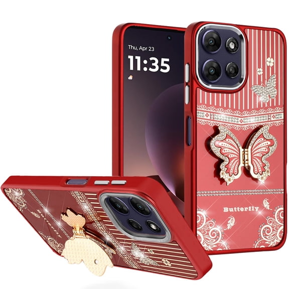 For Motorola Moto G Power 5G 2025 Splendid Glitter Butterfly Design Stand with Metallic Edges Hybrid Case - Red
