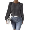 thumbnail image 3 of Women'S Long Sleeve Scoop Neck Pleated Front Fitted Blouse Tops Dark Gray S, 3 of 8
