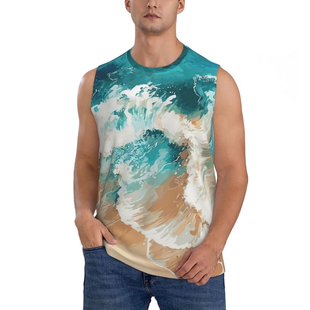 Fotbe Ocean Wave Crash Men's Camiseta sin Mangas Estampada para Hombres, Playera Casual para Gimnasio, Entrenamiento, Playa-3X-Large