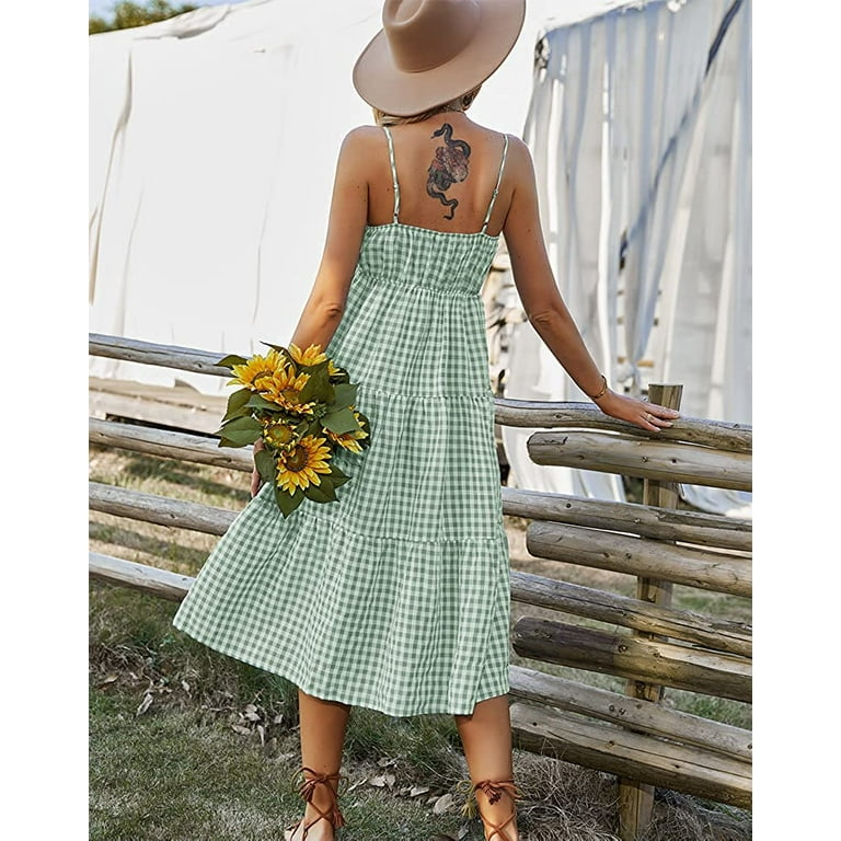 Womens Plaid Maxi Dress Tie Straps Smocked Elastic Tops Tiered Flowy  Gingham Bohemian Casual Summer Sexy Sun Dresses 