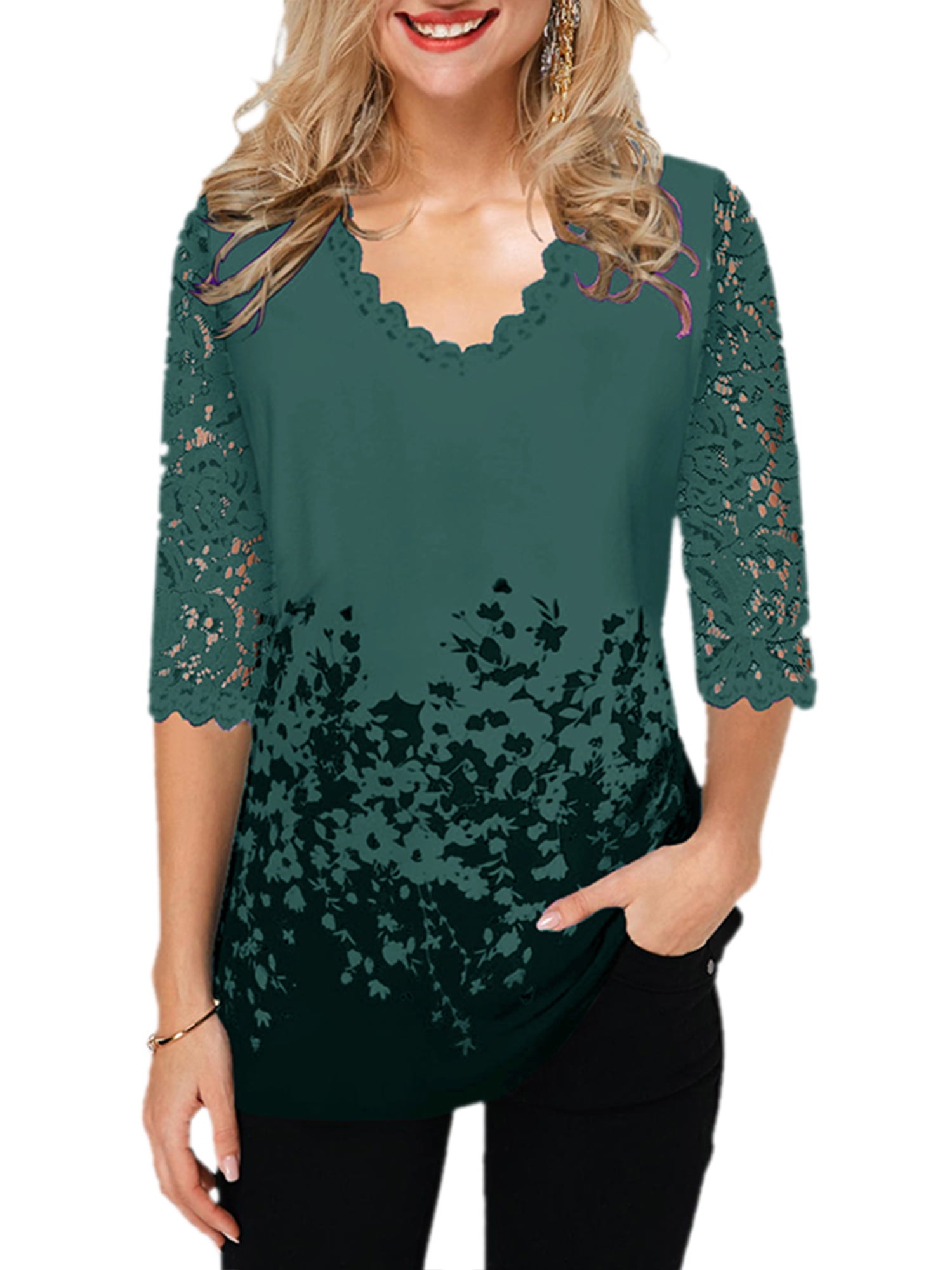 Women's Plus Size 3/4 Sleeve V Neck Shirt Floral Loose Blouse Lace ...