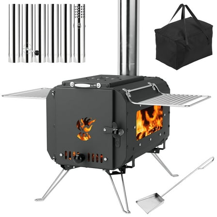 Outdoor Portable Wood Stove for Camping, Cast Iron Tent Heater with Chimney Pipes & View Glass, Ideal for Ice Fishing, Cookouts, Hiking, and Travel