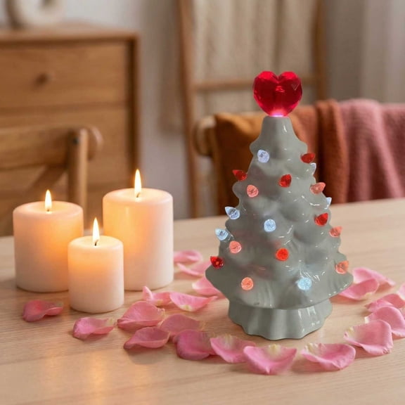 Ceramic Valentine's Day Tree LED Decor - Battery-Operated Lighted Heart Accent Home Craft (White/Grey)