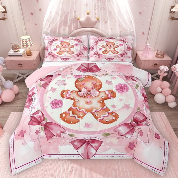 Homewish Kawaii Gingerbread Man Bedding Comforter Set,Cute Bowtie Ribbon Twin Comforter Sets, Merry Xmas Christmas Bedding Set For Girl Kids,Microfiber Bedroom Decor Reversible,2-Piece
