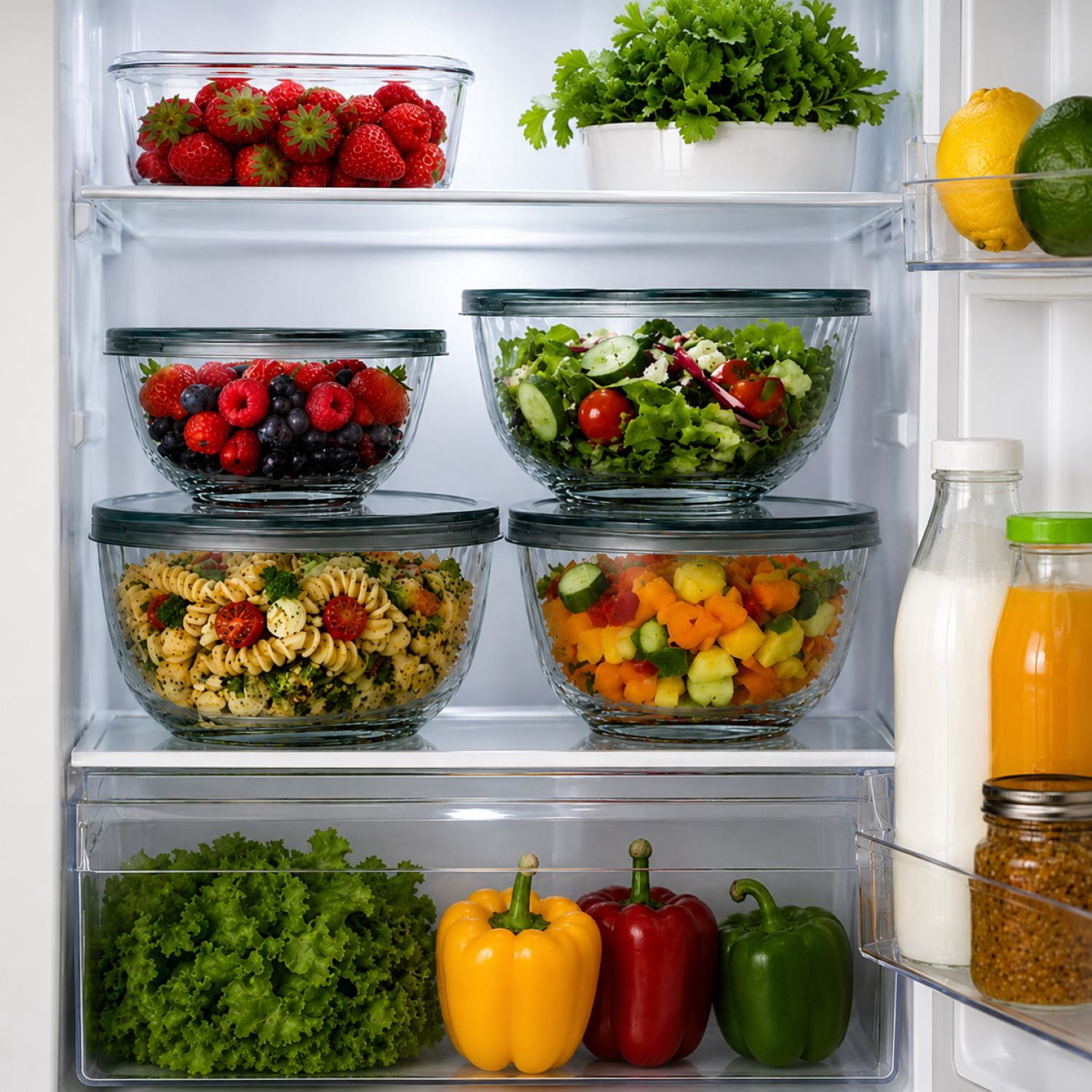 Sorbus 4-Piece Diamond Textured Glass Mixing Bowl Set with Lids, Assorted Sizes, BPA-Free