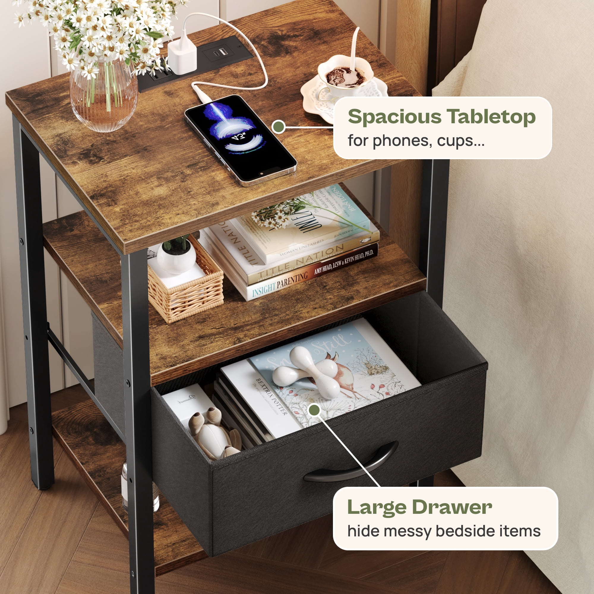 Nightstand with Charging Station, Adjustable Fabric Drawer, 3-Tier Bed Side Table, Night Stand for Bedroom, Storage End Table, Rustic Brown