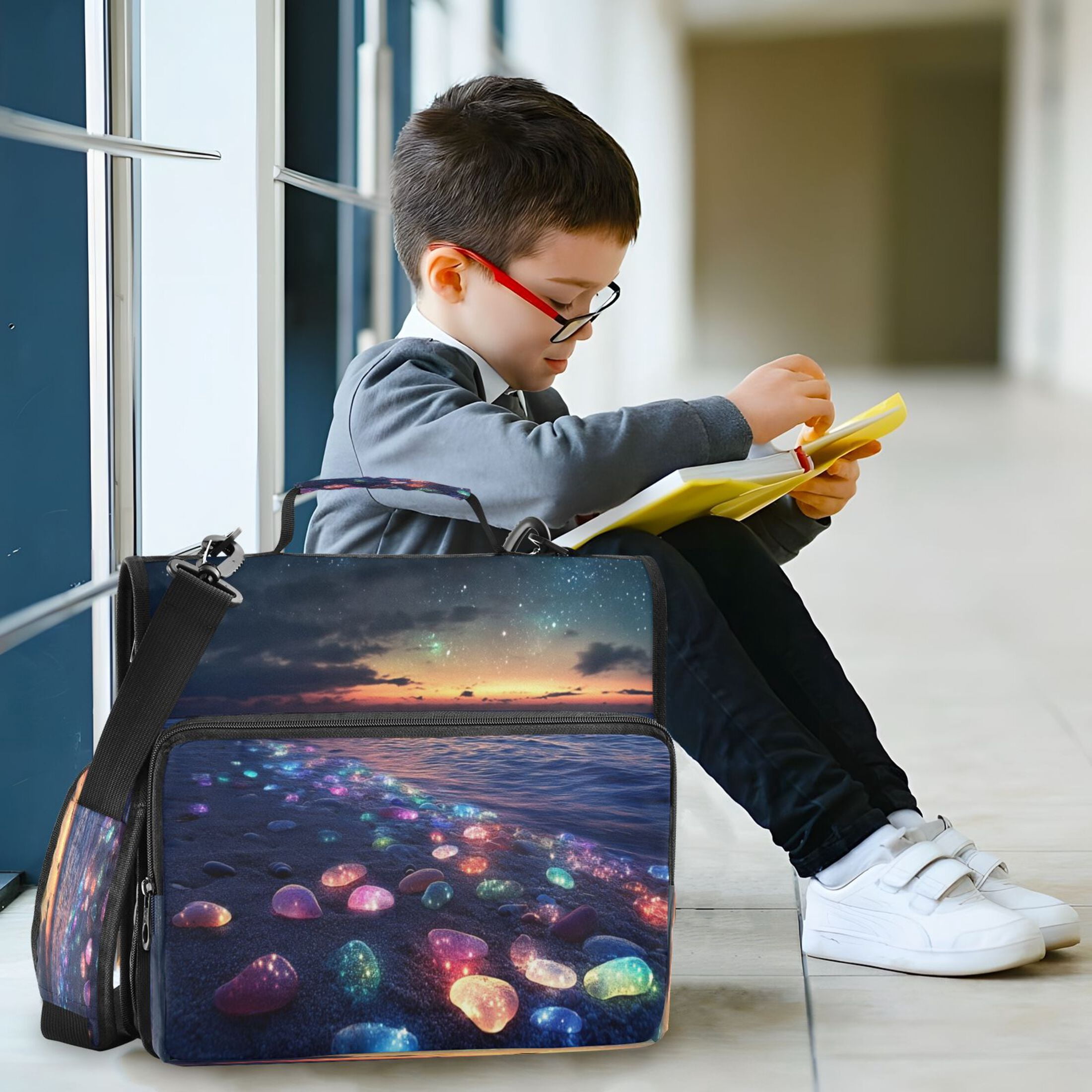 YAZAOO Zipper Binder trapper keeper Documents Organized Design Glowing Stones on Beach at Sunset Printed