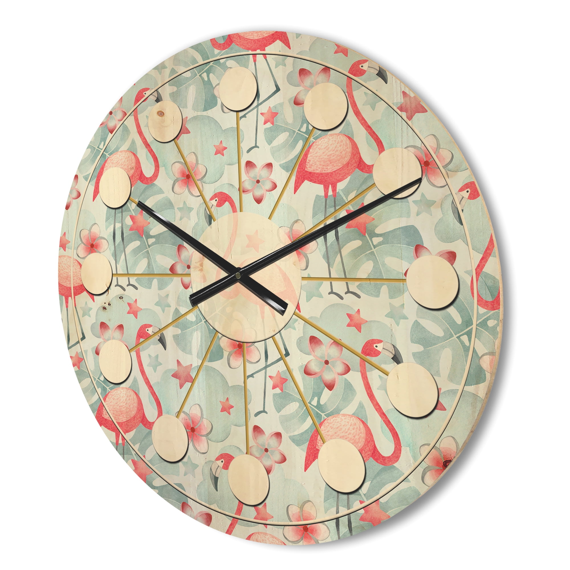 Designart 'Tropical Botanicals, Flamingo and Flowers III' Mid-Century Modern Wood Wall Clock