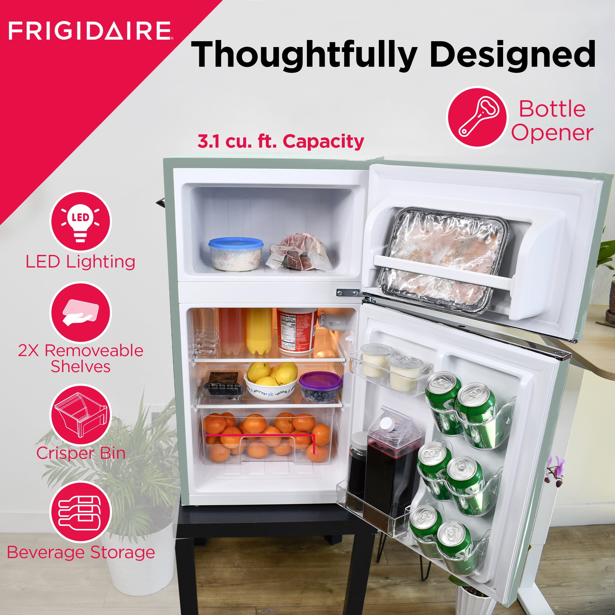 Frigidaire, 3.1 Cu. Ft. 2 Door Retro Compact Refrigerator , Built-In Side Bottle Opener, Mint