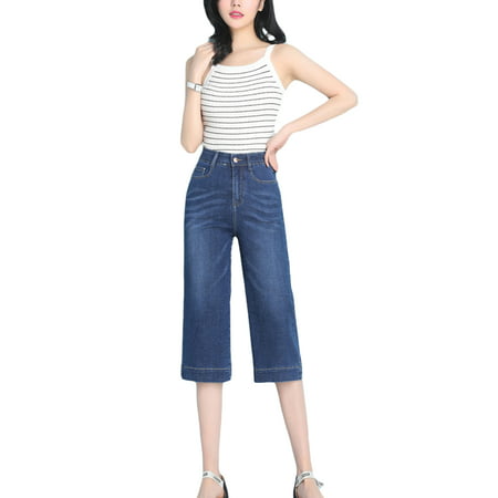 Fashion Women Casual Wide-leg Jeans High Waist Straight Leg Jeans Stretchy Slim Fit Seven Points Denim Pants #1-Dark blue 26=US Size