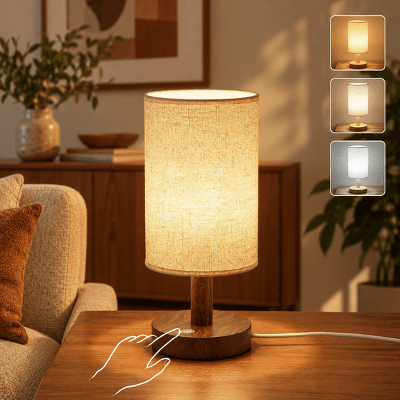 Dolizu Walnut Wood Table Lamp, Rechargeable Table Lamp, Built‑in 1200mAh Battery, 3‑Color Dimmable Bedside Nightstand Lamp with Linen Shade