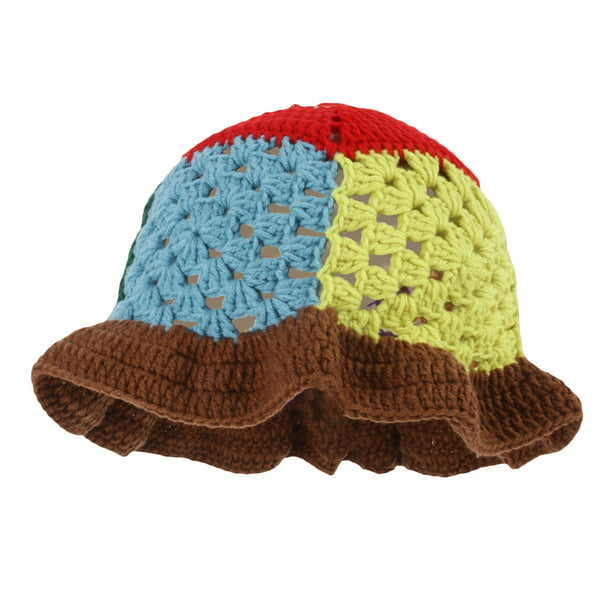 Pudcoco Knitted Fisherman Hat for Women, Color Block Hollow Out Patchwork  Crochet Bucket Cap for Autumn 