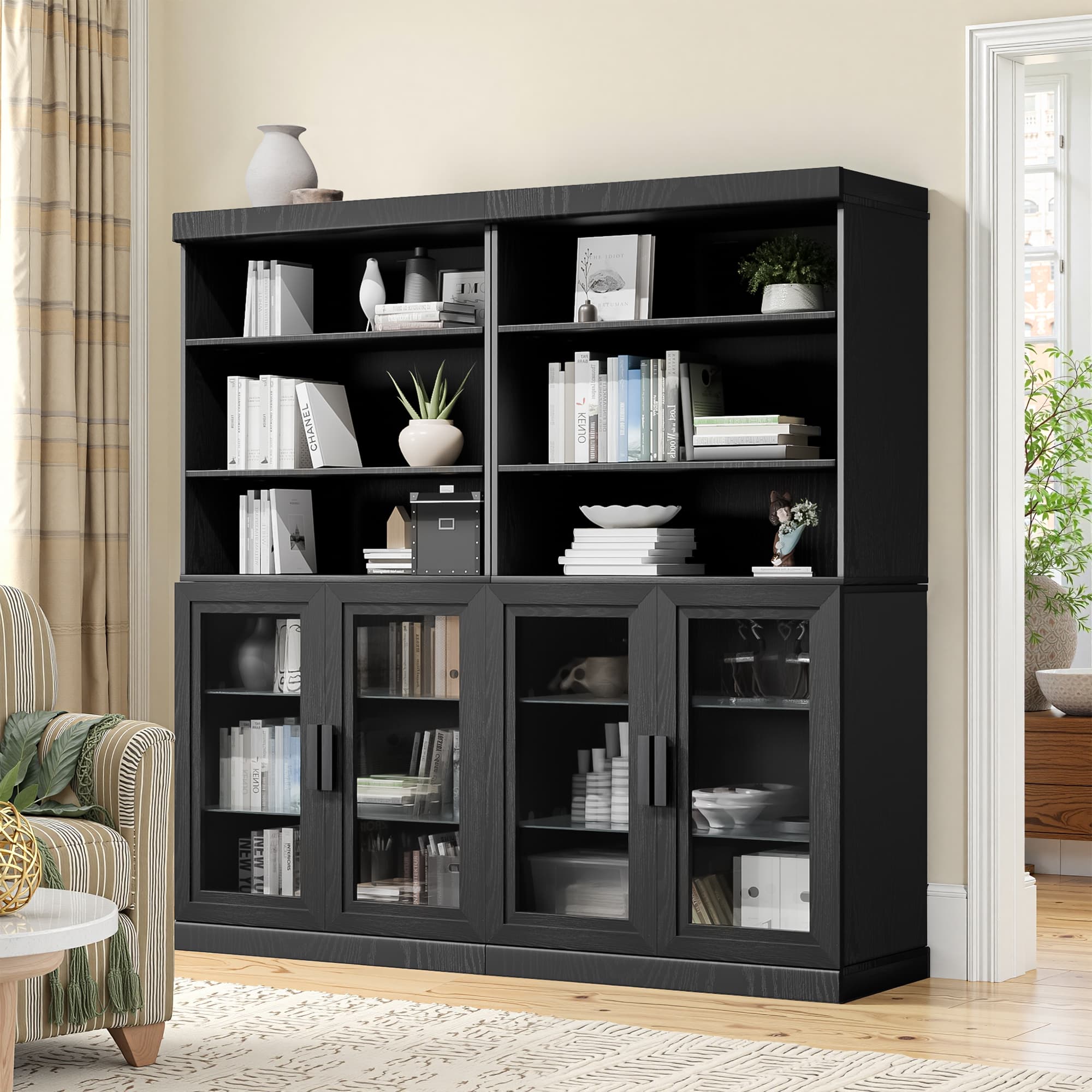 MAYEERTY Curio Display Cabinet with Glass Doors, DIY Combination Storage Cabinets with Adjustable Shelves for Living Room, Black