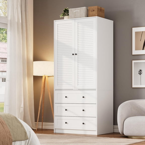 TROPOW Armoire Wardrobe Closet with Drawers, 69.5 in Wooden Wardrobe Cabinet with Hanging Rod, 2 Doors Clothing Storage Cabinet for Bedroom, Large Capacity Storage, Louvered Door